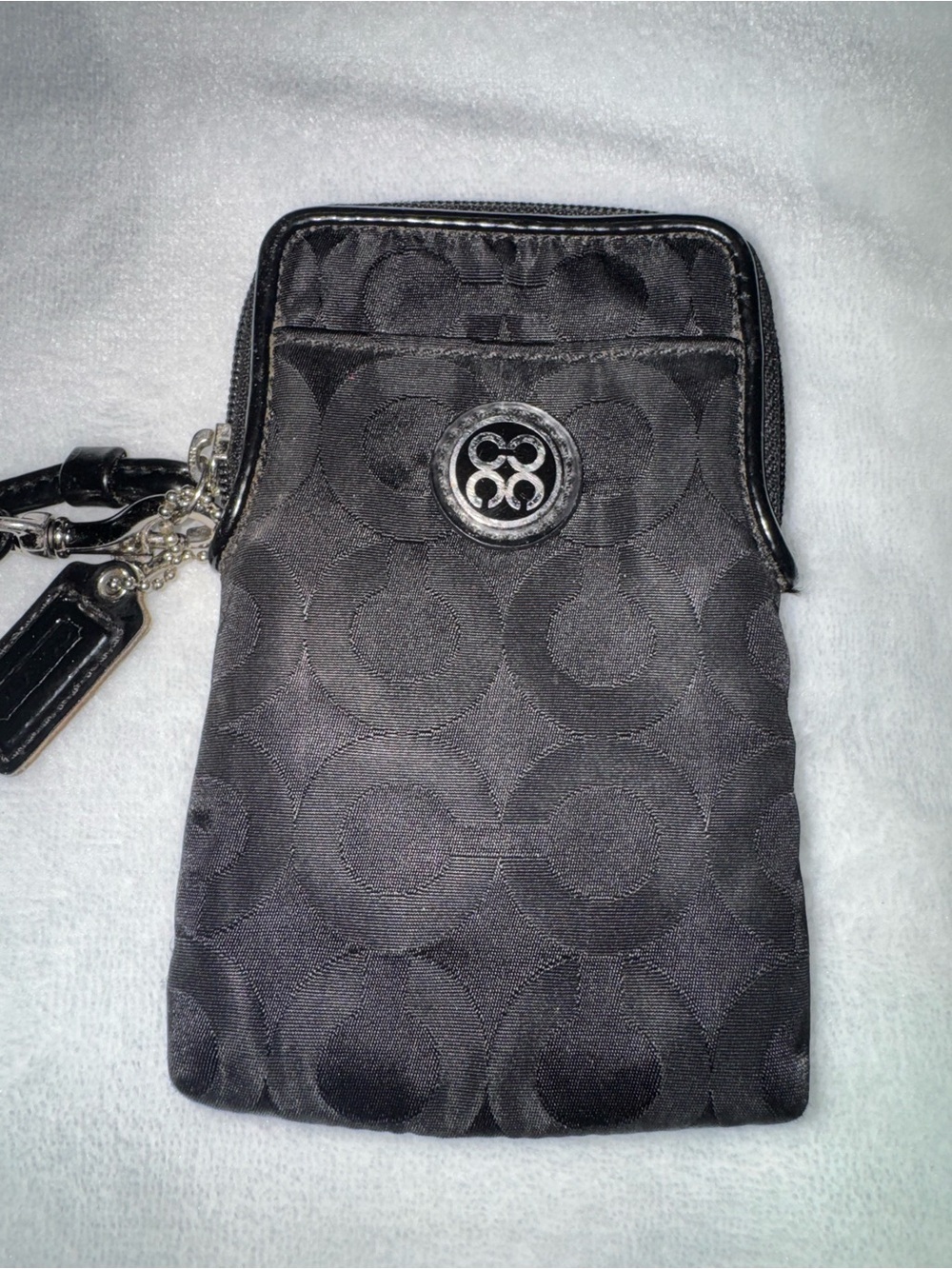 Coach Black Signature Jacquard Wristlet Pouch with Silver Emblem